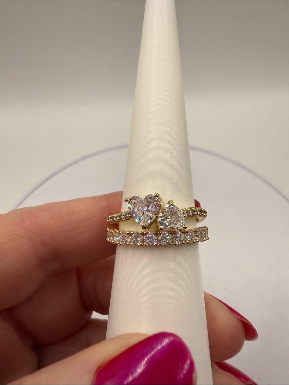 Gold-Plated Heart CZ Stackable Ring Set - Clear Crystal Size 8